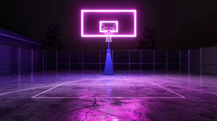 The light is violet blue and glows in a neon pattern. It is part of a basketball virtual playground, frontal view, a sports field scheme and a sportive activity.