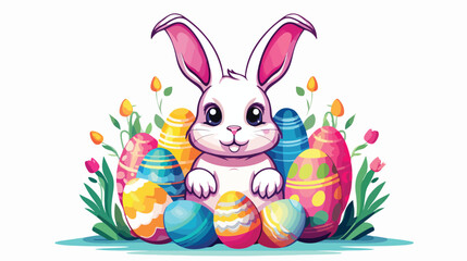 Happy easter bunny with easter eggs 2d flat cartoon