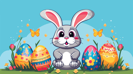 Happy easter bunny with easter eggs isolated 2d fla