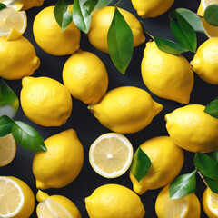 lemons with leaves as background, top view