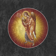 Christian traditional image of Angel. Religious round medallion on black stone wall background in Byzantine style - 781160298