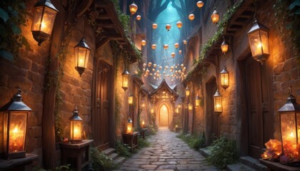A magical alley lined with glowing lanterns leading to an inviting archway, invoking a feeling of warmth and mystique in a fantasy village.. AI Generation - obrazy, fototapety, plakaty