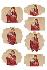 Madonna. Holy Mother of God with Jesus baby. Religious gift tags in Byzantine style isolated - 781160691