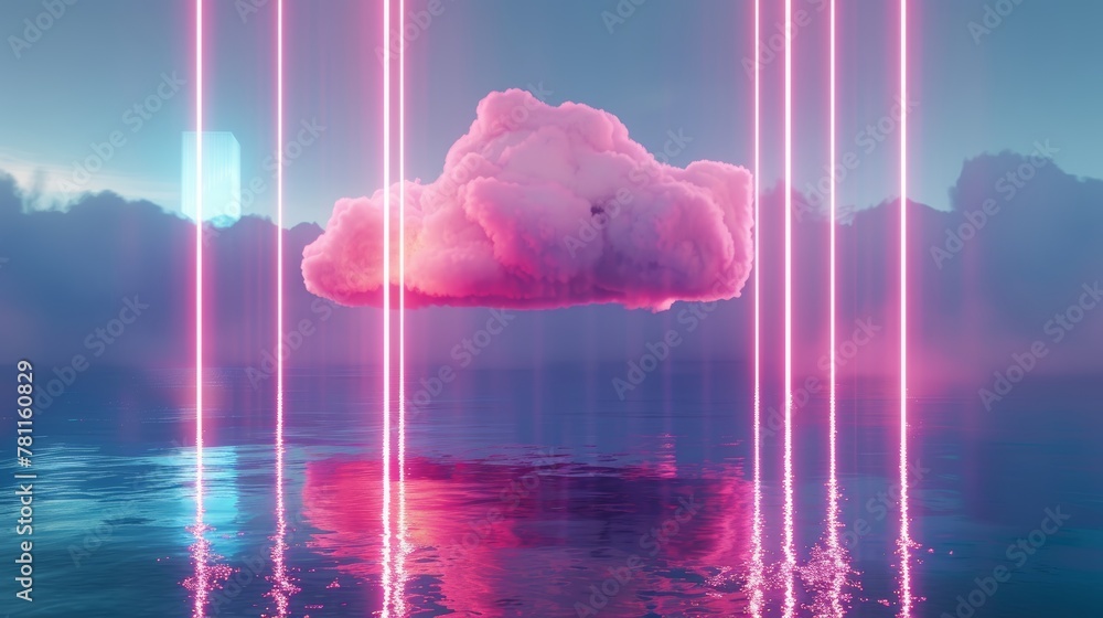 Poster this 3d render features a pink cloud hovering above bright pulsing neon vertical lines with reflecti