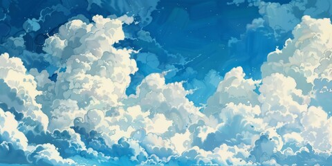 Beautiful blue sky with a white clouds in a sunny day. Watercolor illustration. AI generated - 781160828