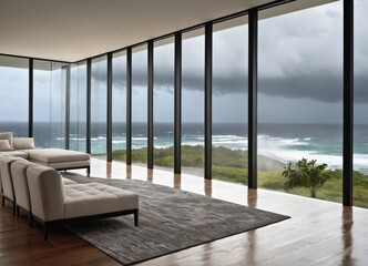  living room with massive glass windows overlooking the ocean, torrential rain in the background