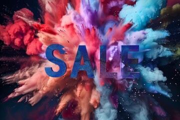 Vibrant colored dust explosion with a bold 'SALE' text for impactful advertising - obrazy, fototapety, plakaty