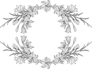 Hand drawn lily arrangement with leaves and branches.