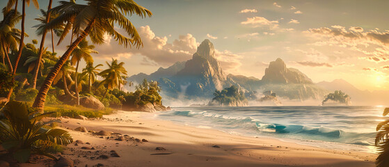 Dreamy Tropical Beach with Lush Greenery, Perfect Escape into Nature, Seychelles Paradise - obrazy, fototapety, plakaty