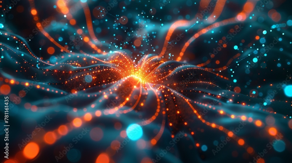 Poster abstract digital landscape with glowing particles and wave patterns.