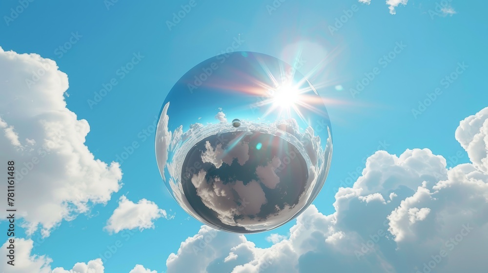 Poster a 3d render of an abstract modern minimal background with white clouds, a chrome metallic mirror bal
