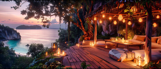 Dusk Descends on a Tropical Resort, Where Candlelit Paths Lead to Cozy Bungalows Nestled Amongst Verdant Foliage