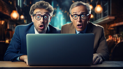 Two businessmen wearing a suit is looking at a laptop screen with an open mouth. Concept of surprise or shock, as if the man has just received some unexpected news or information