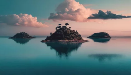 Fototapeten surreal and dreamlike landscape of floating islands suspended in a pastel colored sky © Ashleigh