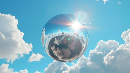 A 3D render of an abstract modern minimal background with white clouds, a chrome metallic mirror ball, and a blue sky with white clouds - obrazy, fototapety, plakaty