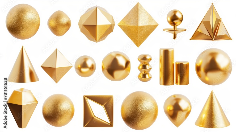 Poster render of 3d geometric shapes and objects. collection of golden design elements. white clip art.