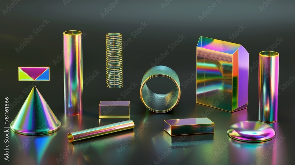 Poster simple geometric shapes, primitives, and abstract objects rendered in 3d. isolated on dark grey back