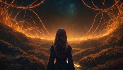 A woman stands at the threshold of an otherworldly landscape, where fiery arcs rise to a star-studded sky, invoking a sense of awe and danger.. AI Generation