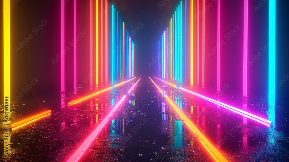 Poster a 3d render of an abstract background with a colorful spectrum and glowing lines.