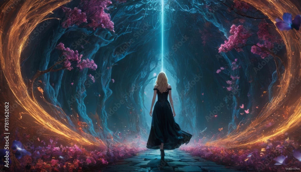 Poster a solitary figure wanders through a magical forest path, surrounded by glowing trees and floating pe