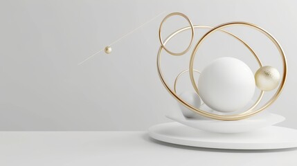 This is a 3D render with an abstract white futuristic background, modern minimal concept, clean style. Floating balls, levitating objects. A flying sphere. A golden ring. Premium design. Equilibrium,
