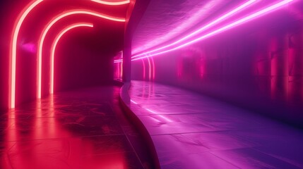 The abstract neon background shows fluorescent ines glowing in a dark room with reflections from the floor. A dynamic virtual ribbon completes the picture. Fantastic panoramic wallpaper capturing - obrazy, fototapety, plakaty