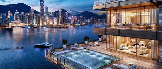 Fototapeta premium Dynamic Hong Kong Skyline at Sunset, Architectural Majesty Meeting the Vibrancy of Urban Life