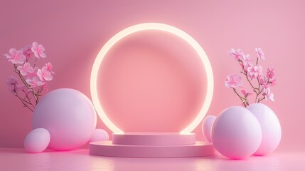 Objects are rendered in 3D, including an abstract pastel neon easter background, an empty showcase, a round stage, a vacant pedestal, a product display, a blank board, and an expo platform. Minimum