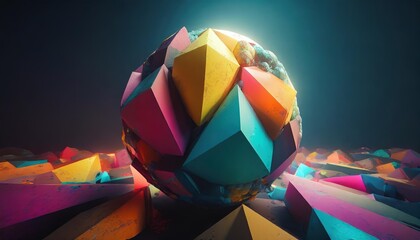 three dimensional render of sphere and pastel colored geometric shapes