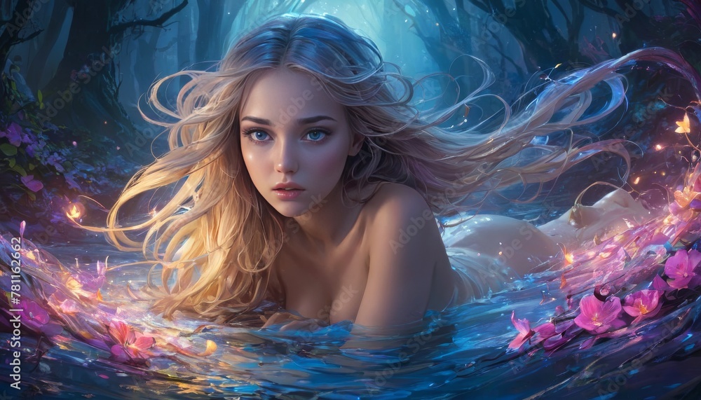 Poster a captivating artwork capturing a mythical woman submerged in forest waters, surrounded by glowing p