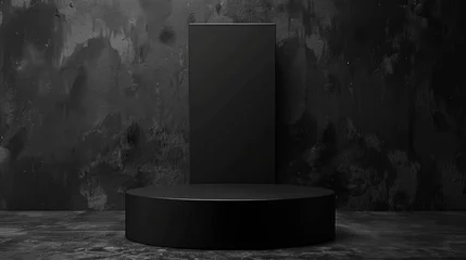 Fototapeten CG render with abstract minimalist black background. Empty cylinder podium, vacant pedestal, round stage, showcase stand, product display, blank board and expo platform. Copy space. A modern premium © Mark
