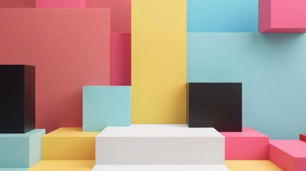 Colorful primitive geometric abstract shapes, blank product display with white podium and empty space for copy. Colors: pink, blue, yellow, black.