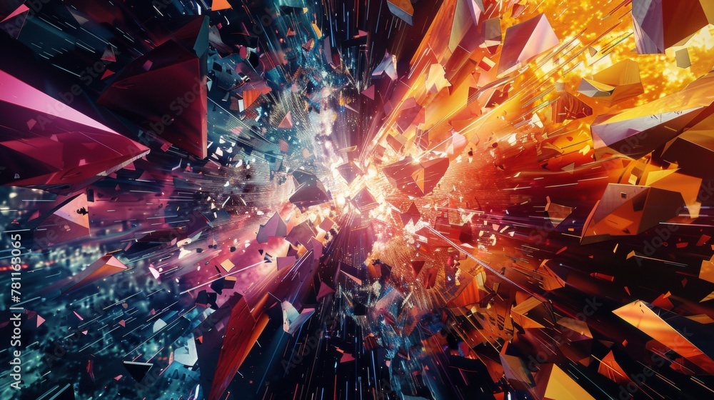 Poster a man in silhouette facing a luminous and colorful abstract explosion of geometric shapes and patter