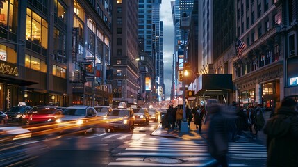 Bustling City Street at Dusk with Pedestrians and Traffic
