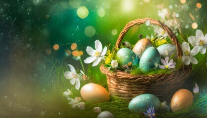 Fototapeta na wymiar spring easter holiday green background with eggs in basket and spring flowers greeting card background with copy space