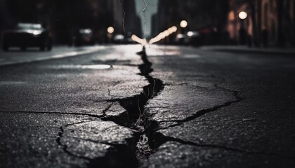 in a busy city street there is a road with a long crack depicting the effects of an earthquake the...