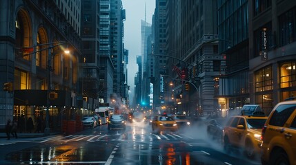 Busy New York Street with Yellow Taxis at Dusk - obrazy, fototapety, plakaty
