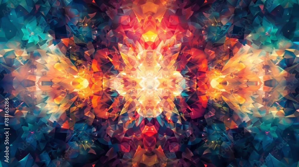 Poster a man in silhouette facing a luminous and colorful abstract explosion of geometric shapes and patter