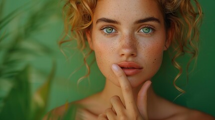 Portrait of a Young Woman with Finger on Lips and Green Background