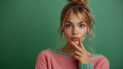 Thoughtful Young Woman with Hand on Chin Against Green Background