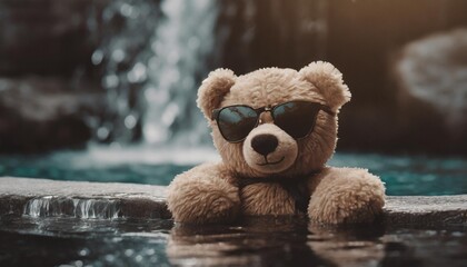 cute teddy bear wearing sunglasses swimming in waterfall pool happy summer vacation time generative ai