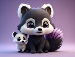 Obraz premium Cartoon Stinktier mit großen Auge und einem Baby