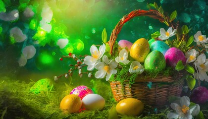 spring easter holiday green background with eggs in basket and spring flowers greeting card background with copy space