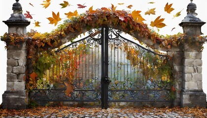 closed forged gates braided with autumn leaves png file of isolated cutout object on transparent background