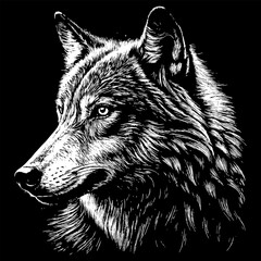Realistic Wolf Head in Engraving Style, White Drawing on a Black Background, using Negative Space. AI generated.