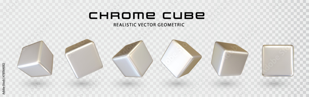 Poster 3d chrome cube shape realistic vector graphic isolated on transparent background. geometric square f