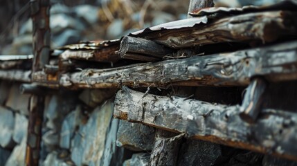Close up of an old wooden shingle roof with signs of weathering and decay