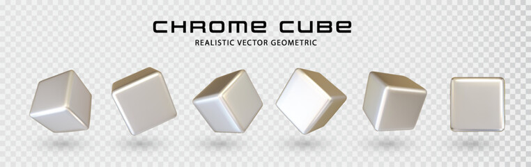 3d chrome cube shape realistic vector graphic isolated on transparent background. Geometric square figure y2k icon design. Creative futuristic polygon - obrazy, fototapety, plakaty