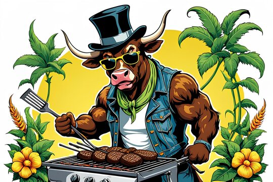 an illustration of a BROWN CARTOON BULL WEARING A TOP HAT AND SUNGLASSES COOKING ON A BARBEQUE.  There are plants and flowers in the image. 