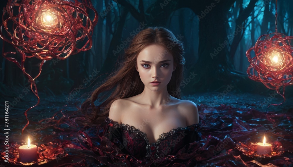 Poster An evocative image featuring a mystical woman with captivating dark attire, amidst a forest with ethereal light orbs.. AI Generation